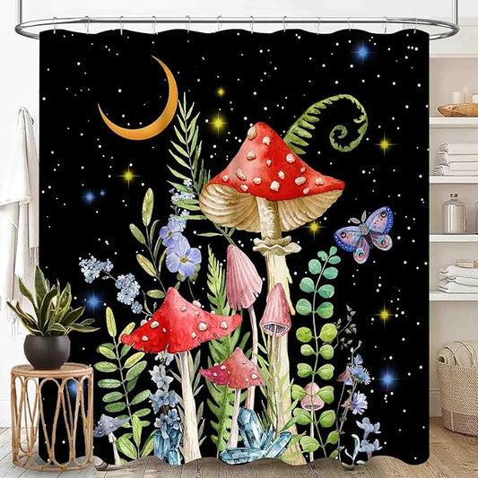 Mushroom Shower Curtain for Bathroom, Magic Gothic Fairy Forest Botanical Vintage Mushroom Wildflower Plants Herbs Farmhouse Country Waterproof Fabric Shower Curtain Set with Hooks, 72"x72" Inch