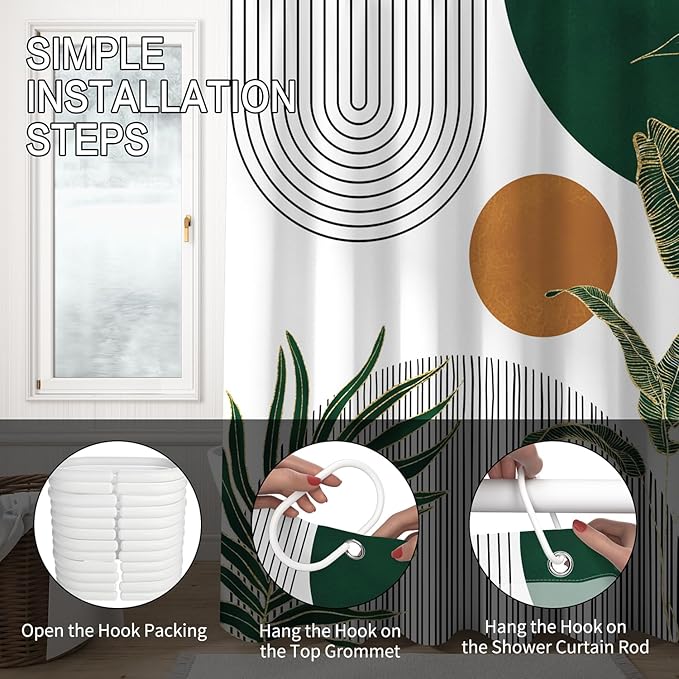 Mid Century Boho Shower Curtain, Abstract Modern Sun Minimalist Aesthetic Shower Curtain, Bohemian Geometric Arch Curve Leaves Neutral Art Fabric Bathroom Curtain Green 72x72 inch