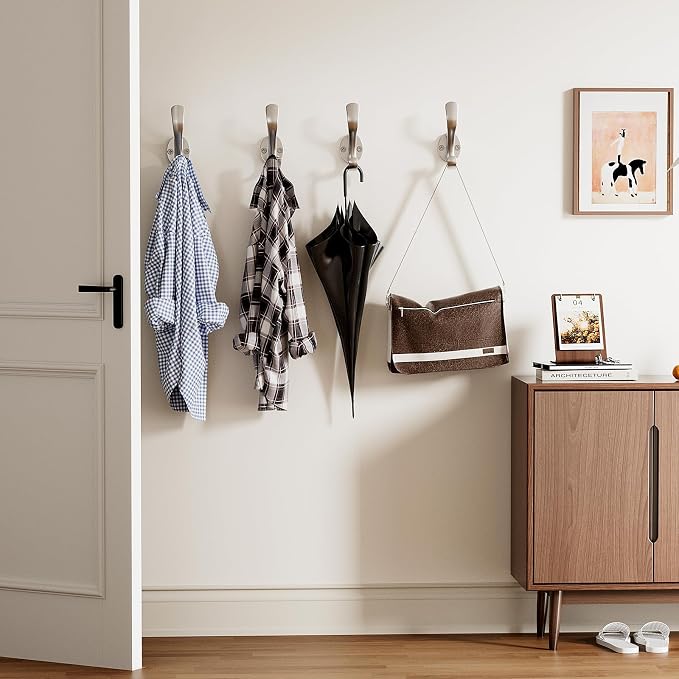Coat Hooks Heavy Duty - Easy to Install Metal Towel Hooks Fashionable Wall Hooks for Hanging Hat, Towel, Key, Robe, Scarf, Bag, Cap (4 PCS Silver)