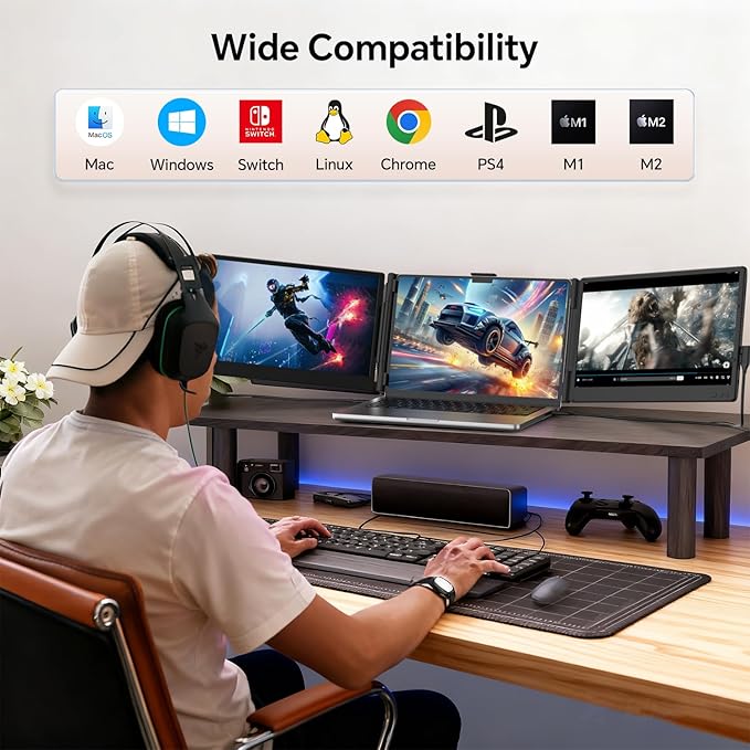 FEZOBR Laptop Screen Extender, 14'' FHD 1080P IPS Portable Monitor for Laptop, Triple Screen Extender Monitor Plug-Play for Mac/Windows/Chrome, Fit 13”-17.3” Laptops