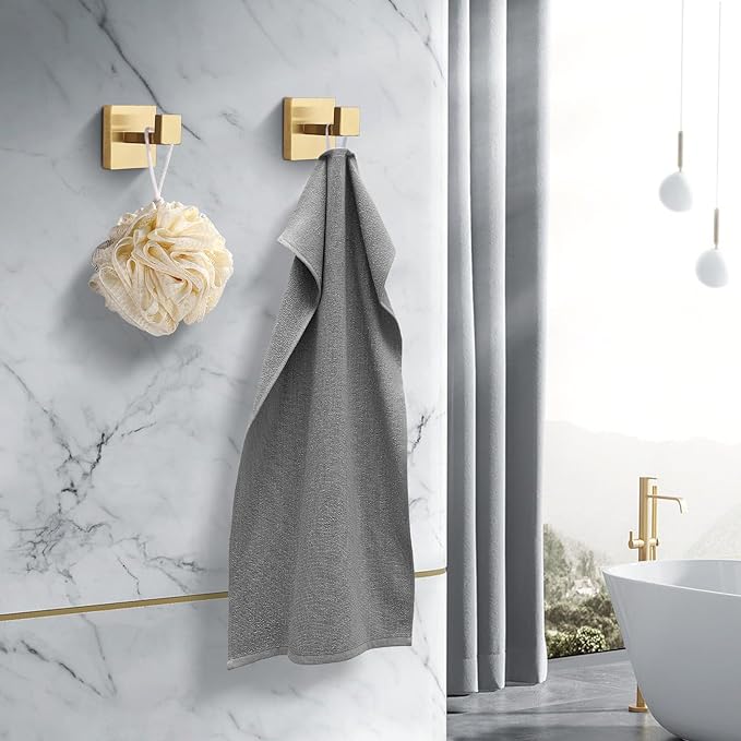 Heavy Duty Stainless Steel Towel Hooks, Wall Mounted Square Robe Hooks for Bathroom, Kitchen, Bedroom, Hotel Brushed Gold 2 Pack