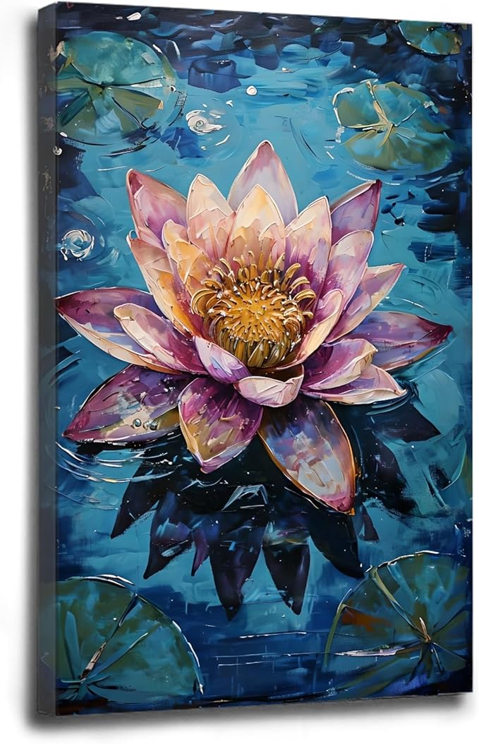 Gorgeous pink and purple water lilies on deep blue water Eye-catching oil painting Serene aquatic wall art for modern home decor 16x24in Wood Framed