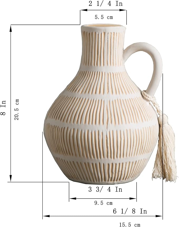 Rustic Ceramic Vase for Home Decor, Farmhouse Decorative Vases for Pampas Grass, Terracotta Vase with Tassel Design, Handle Flower Vase, Clay Vase for Living Room Decoration, 8 inch Tall