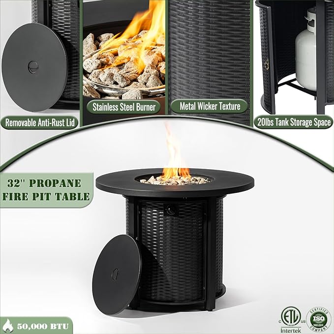 32" Propane Gas Fire Pit Table, 50000 BTU Round Steel Fire Pit with Lid & Glass 2 in 1 Fire Pit Table Rock for Outside Patio Deck Garden Courtyard
