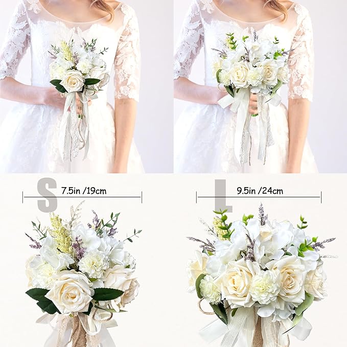 Wedding Bouquets for Bride Bridesmaid,Large Big Bridal Bouquet White Champagne Ivory Artificial Fake Silk Roses Flowers for Wedding French Vintage Boho Rustic Church Decoration Toss Bouquet (9.5in(L))