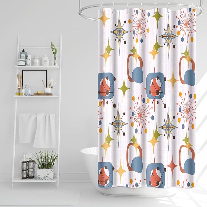 Mid Century Shower Curtain, 36x72inch, Modern Abstract Retro Pink Striped Geometric Shower Curtain Sets 1950s Boho Bathroom Shower Curtain with 6 Hooks