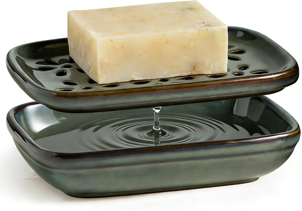 Miamolo Ceramic Soap Dish for Shower, Bar Soap Holder with 2 Layer Draining Soap Tray for Bathroom Sink Tub and Kitchen, Water Collection Tray Mess-Free Soap Dishes Container Saver, Gray Blue