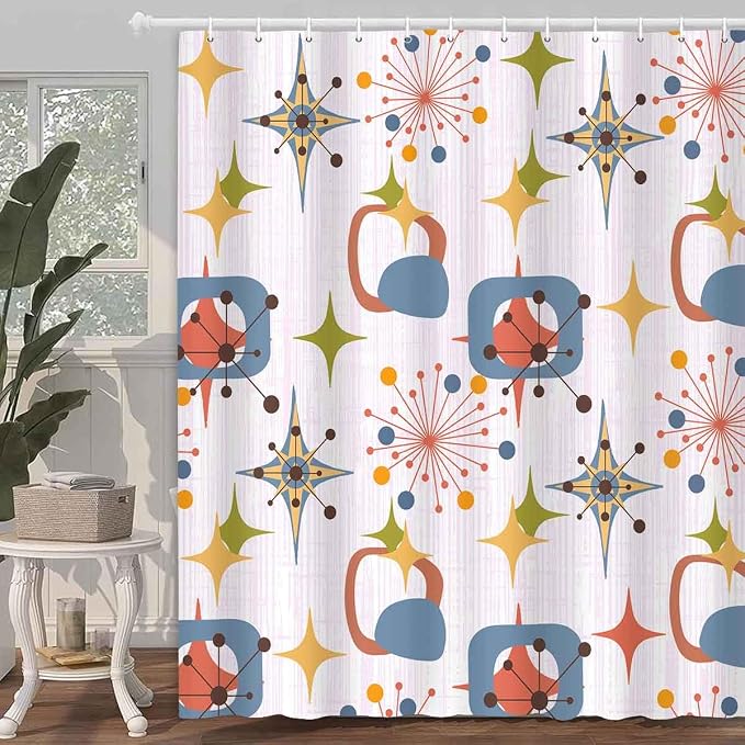 Mid Century Shower Curtain, 72x72inch, Modern Abstract Retro Pink Striped Geometric Shower Curtain Sets 1950s Boho Bathroom Shower Curtain with 12 Hooks