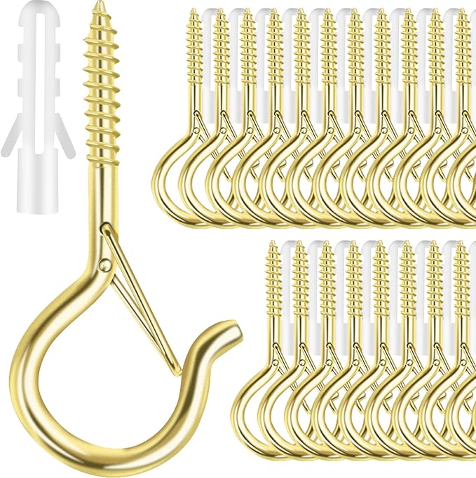25 PCS Screw-in Hooks for Outdoor String Lights, Q Hangers Hooks Outdoor for Outside, Swivel Hanging Basket Patio Light Hooks with Safe Buckle Screw in Planter Eye Hook for Wall Ceiling, Gold