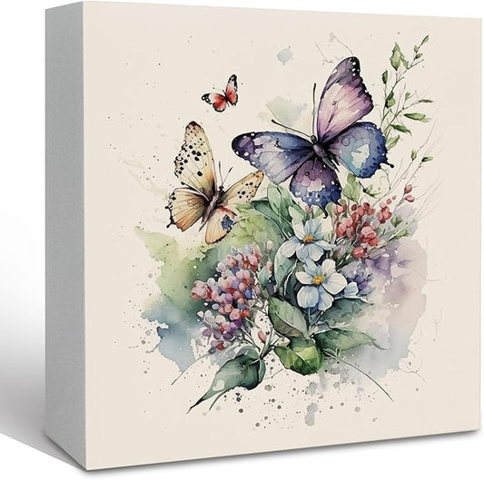 Vintage Butterfly Floral Wooden Box Sign Desk Decor, Butterfly Bathroom Decor, Butterfly Decorative Signs Decor for Girls Room Bedroom, Farmhouse Flower Home Shelf Desk Decor 5x5 Inch