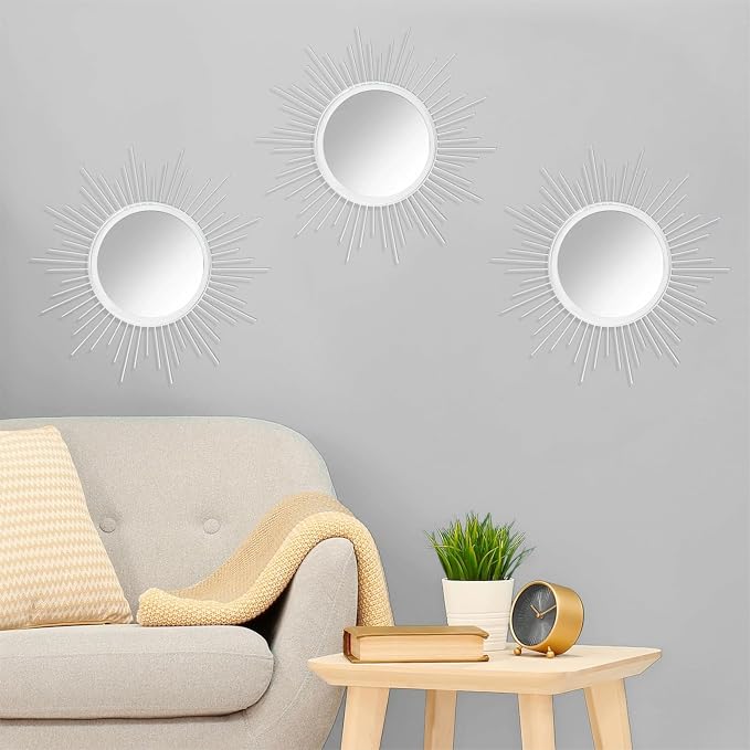 Mirror Wall Decor White Mirrors for Wall Metal Sunburst Mirrors Home Decoration Wall Art Decorative Mirror Suitable for Living Room Bedroom Bathroom Entrance Set of 3 12''