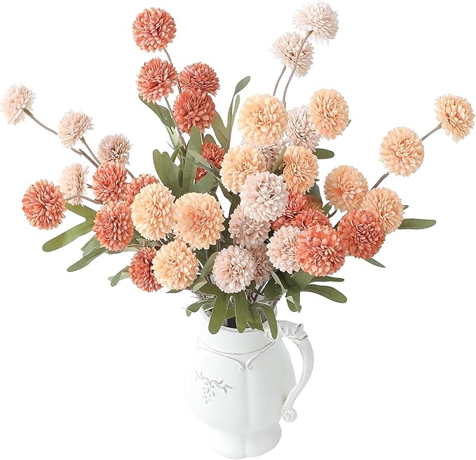 Floroom 9pcs Burnt Orange Peach Mix Faux Silk Mums Artificial Flowers, Bulk Fake Small Mini Chrysanthemums with Stems for DIY Wedding Centerpieces Floral Arrangements Vase Fillers Home Decorations