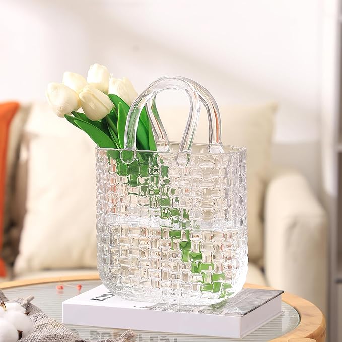 Glass Purse Vase, Purse Vase for Flowers, Unique Purse Flower Vase, Large Glass Bag Vases, 10 Inch Handbag Shaped Vases for Home, Living Room, Bedroom, Table, Office Decor