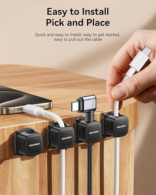18 Pack Cable Management Cord Organizer,Magnetic Cable Clips-1s Lock,Rocoren Desk Adhesive Cord Cable Clip Wire Holder Keeper for Phone Charger Wire,Nightstand,Car,Office,Desktop Accessory,Black