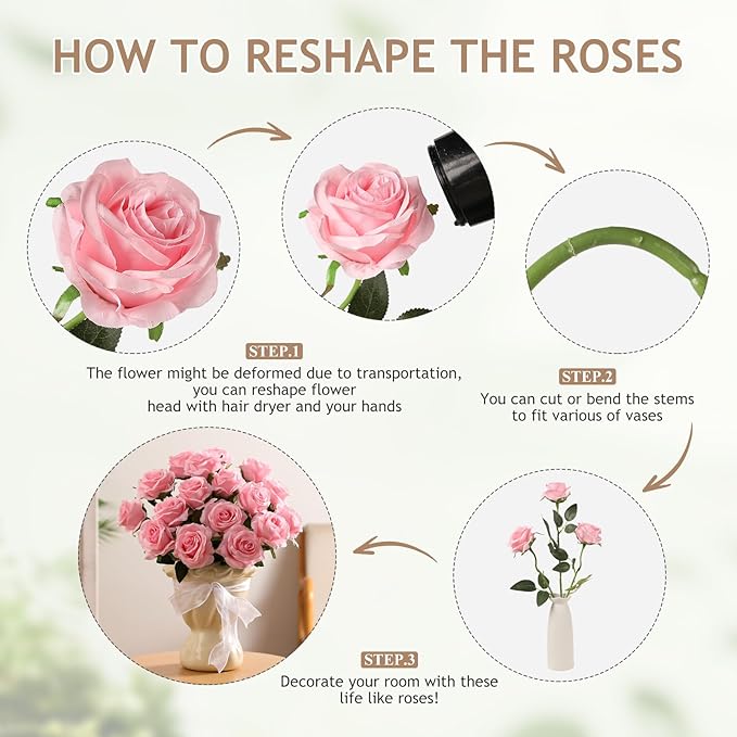 Kisflower 60 Pcs Pink Roses Artificial Flowers Bulk, Silk Roses with Stems Realistic Roses Artificial for Decoration DIY Wedding Bouquet Bridal Shower Party Home Table Centerpieces Decor (Pink)