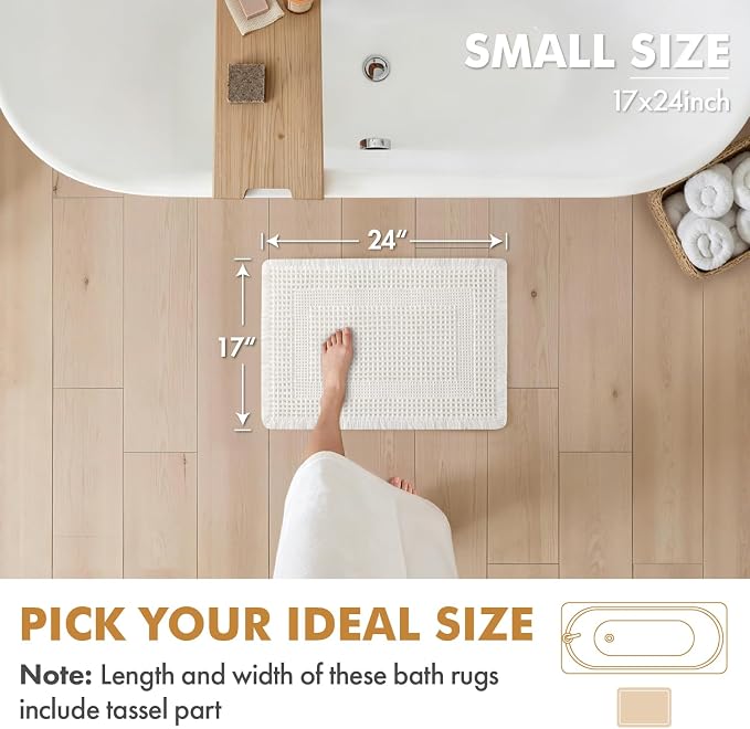 MIULEE Set of 2 Waffle Bathroom Rugs, Boho Bath Rug Super Absorbent, Non Slip Washable Ultra Soft Rubber Backed Shower Bath Mats for Floor, Tub, Shower, Looped Design, White, 17x24 Inch