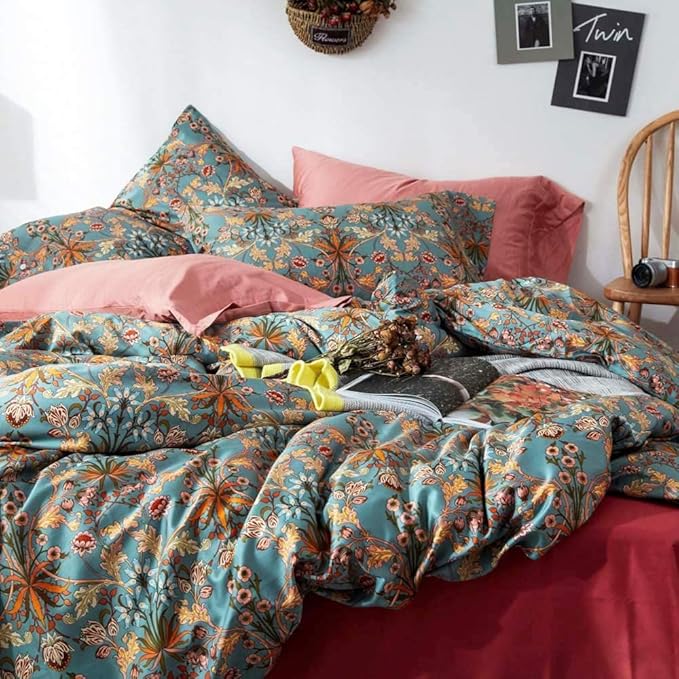 EAVD Vintage Style Garden Flower Duvet Cover Twin XL Soft Cotton Boho Flower Bedding Set with 2 Pillowcases Chic Shabby Botanical Comforter Cover with Zipper Closure