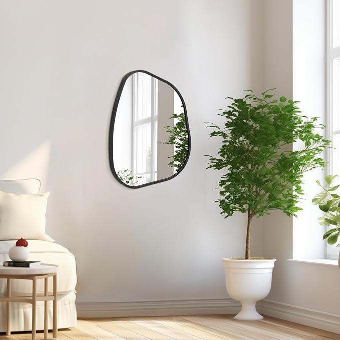 Irregcular Wall Mirror 20"x16" Black Asymmetrical Bathroom Mirror Metal Framed Modern Decorative Vanity Mirrors for Bedroom Living Room Entryway