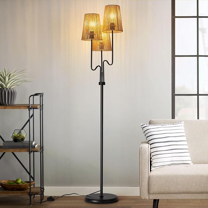 Boho Floor Lamp, 68in. Rattan Floor Lamps with Rattan Shade,3 Light Tree Standing Lamp for Bedroom,Nursery,E26 Socket, Living Room Floor Lamp for Rustic,Coastal, Beach or Bohemian Decor (Black)