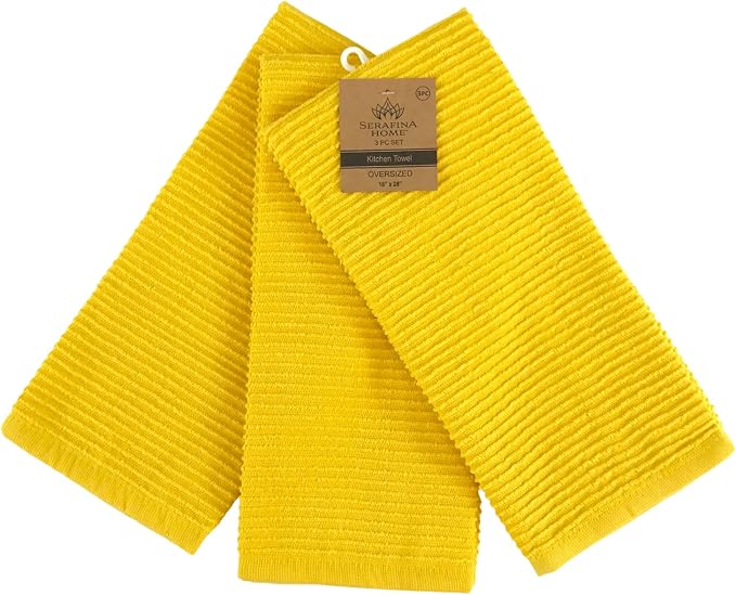 Serafina Home Yellow Kitchen Towels: 100% Cotton Soft Absorbent Ribbed Terry Loop, Set of 3 Multipurpose for Everyday Use Oversized 18" x 28" (Tuscan Lemon)