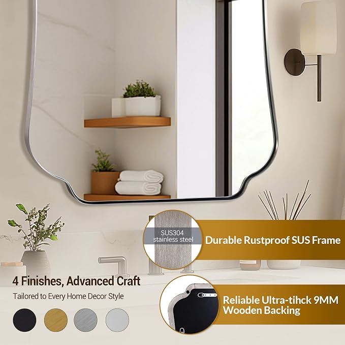 ANDY STAR 24"x36" Brushed Nickel Mirror, Scalloped Bathroom Wall Mirror with Metal Frame for Vanity, Vintage Notched Edges Design Ideal for Entryway, Living Room & Bedroom Decor