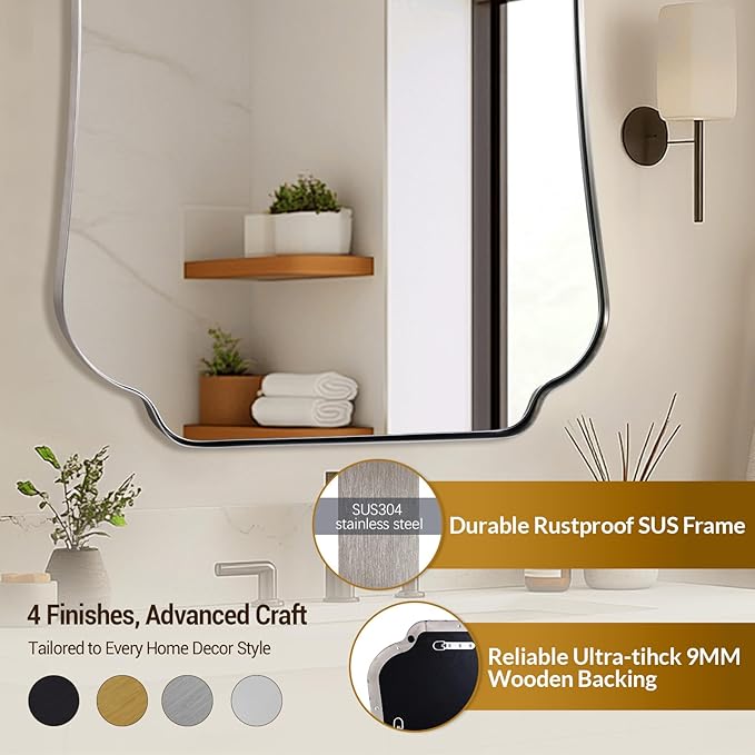 ANDY STAR 24"x30" Brushed Nickel Mirror, Scalloped Bathroom Wall Mirror with Metal Frame for Vanity, Vintage Notched Edges Design Ideal for Entryway, Living Room & Bedroom Decor