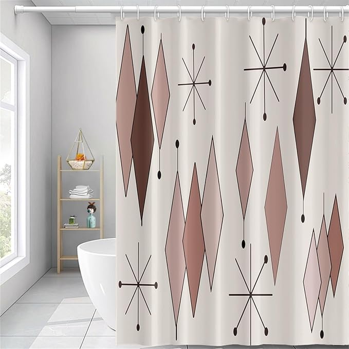 Mid Century Shower Curtain Abstract Light Brown Diamond Geometric Atomic Starburst Pattern Beige Backdrop for 1950s Retro Bathroom Decor Shower Curtain Set with 12 Hooks, 65x72 Inches