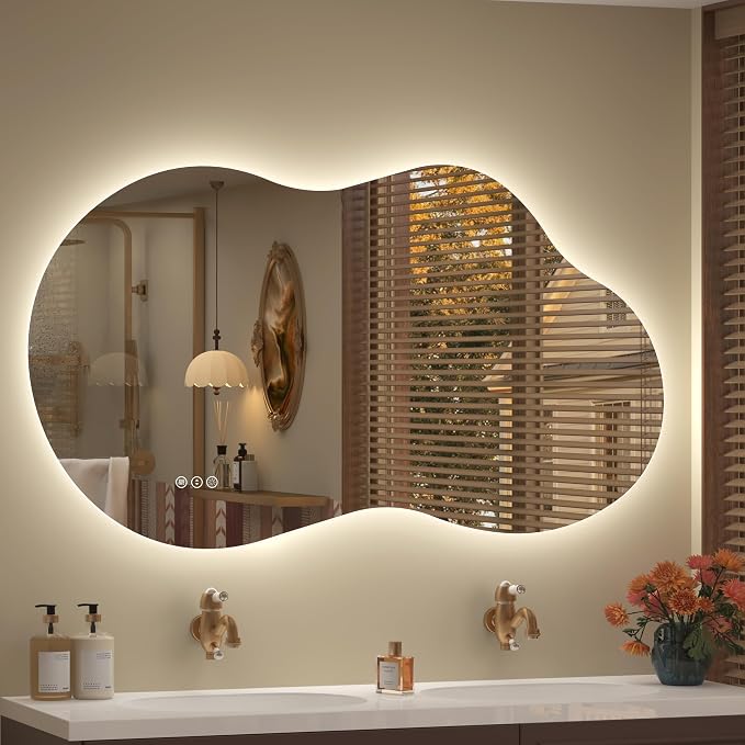 48x26 Inch Irregular LED Backlit Bathroom Mirror, Asymmetrical Cloud Led Lighted Vanity Mirror for Wall, Anit-Fog, Dimmable, Memory, Shatterproof (Horizontal/Vertical)