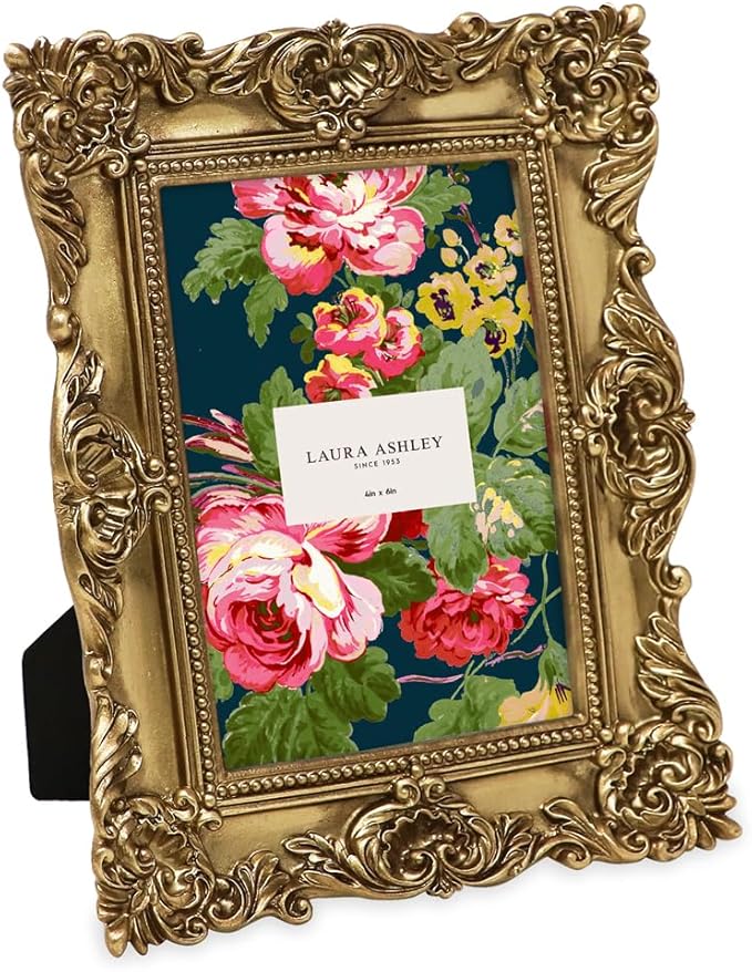 Laura Ashley 4x6 Gold Ornate Textured Hand-Crafted Resin Picture Frame with Easel & Hook for Tabletop & Wall Display, Decorative Floral Design Home Decor, Photo Gallery, Art, More (4x6, Gold)