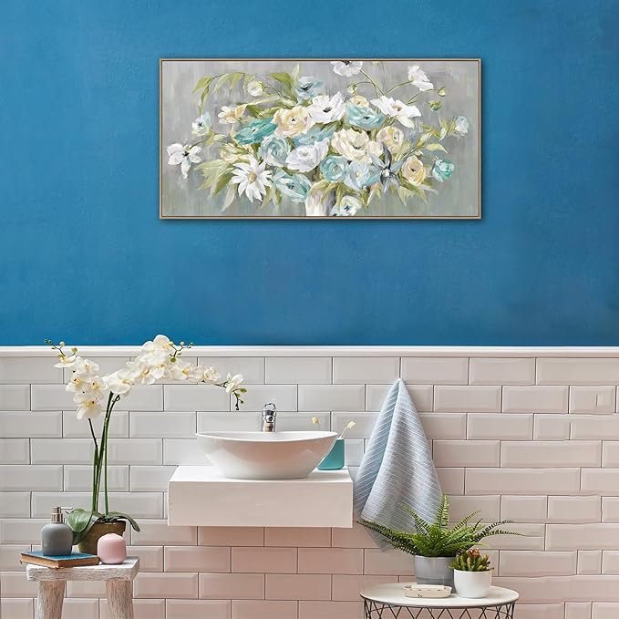 VEAEE Floral Wall Art - Float Framed Abstract Flowers Canvas Pictures Living Room Wall Decor Modern Landscape Painting Botanical Grass Artwork for Bedroom Bathroom Kitchen Office Decor 20"x 40"