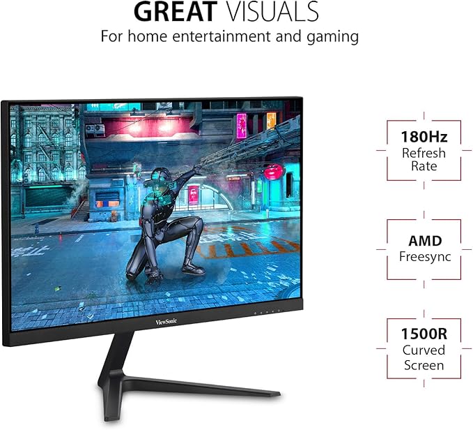 ViewSonic VX2418C 24 Inch 1080p 1ms 180Hz Curved Gaming Monitor with FreeSync Premium, Eye Care, HDMI and DisplayPort