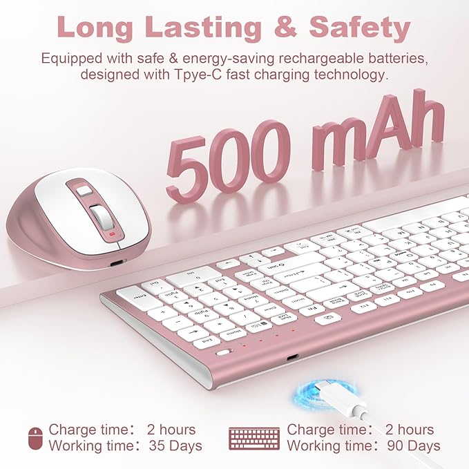 FENIFOX Wireless Keyboard and Mouse, Rechargeable USB C Combo Silent Quiet Compact Full Size Flat with Number Pad Soft Cover for Mac MacBook iMac Windows PC Laptop Computer Office - Pink & Rose Gold