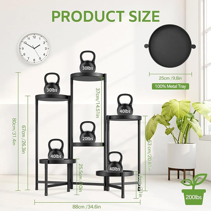 iDavosic.ly 6 Tier Large Plant Stand Indoor with 10 Inch Wide Tray, Tiered Corner Metal Outdoor Flower Display Holder Shelf, Folding Tall Rack for Patio Porch Living Room, Modern Black