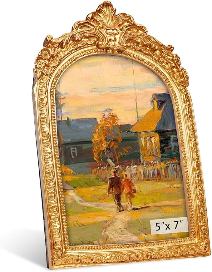 Gold Picture Frames 5x7, Arch Photo Frame Antique Ornate, Luxury Textured Hand-Crafted Picture Frame with Glass Front for Tabletop or Wall Hanging, Retro Resin Photo Frames, Photos Display Frame