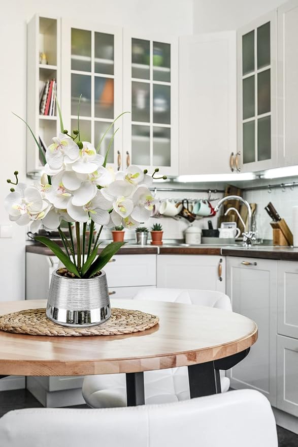 Oairse Artificial White Phalaenopsis Orchid Flower Arrangements Faux Orchid Flower in Silver Pot Orchid Centerpiece for Dining Room Table
