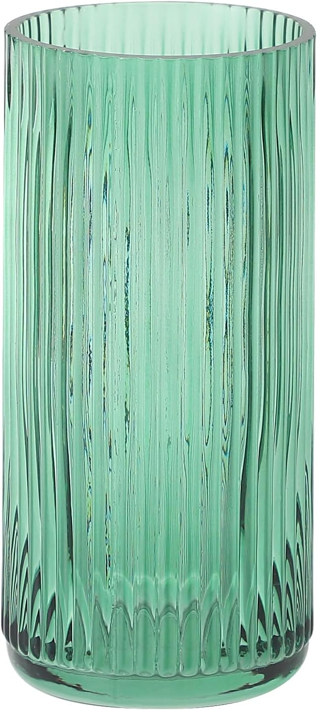 Ribbed Glass Vase, Flower Vases for Bouquet, Green Glass Vases for Flowers, Modern Ribbed Vase for Living Room, Bathroom, Dining Table, Office, Wedding, Centerpieces, 8 Inches