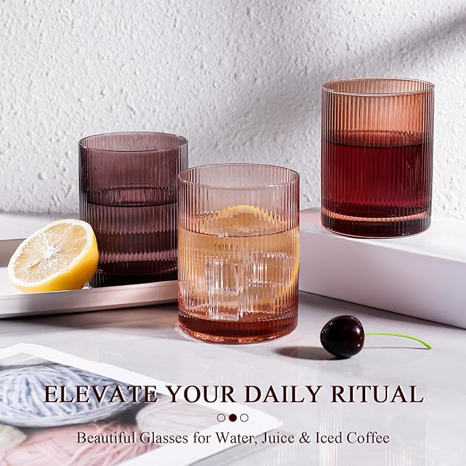 Physkoa 6-Piece Brown Ribbed Glassware Set –Vintage Drinking Glasses in Ochre, Umber & Espresso –8.5oz Tumbler Cups for Water, Juice, Iced Coffee, Whiskey, Cocktail –Aesthetic Colored Glasses