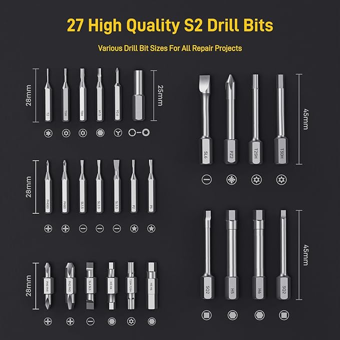 MrToNo Electric Screwdriver, Cordless Screwdriver Set, Power Screwdriver Set, 3 Torque Settings, 1500mAh Battery, 33 Magnetic Bits, LED Light, Rechargeable Tool for Furniture, DIY, Household Repair