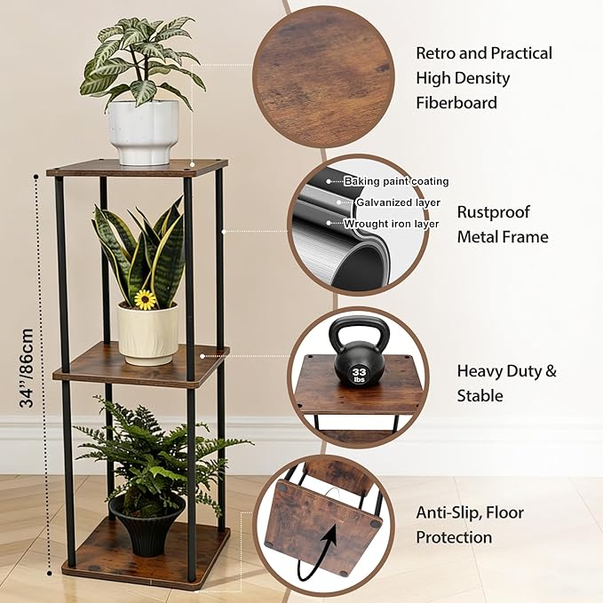 Vigordream Plant Stand Indoor Outdoor 3 Tier Metal Plant Shelf Tall Pedestal Stand Flower Pot Stands Multiple Planter Support Rack for Corner Living Room, Balcony, Garden Patio (Retro Brown, 34 INCH)