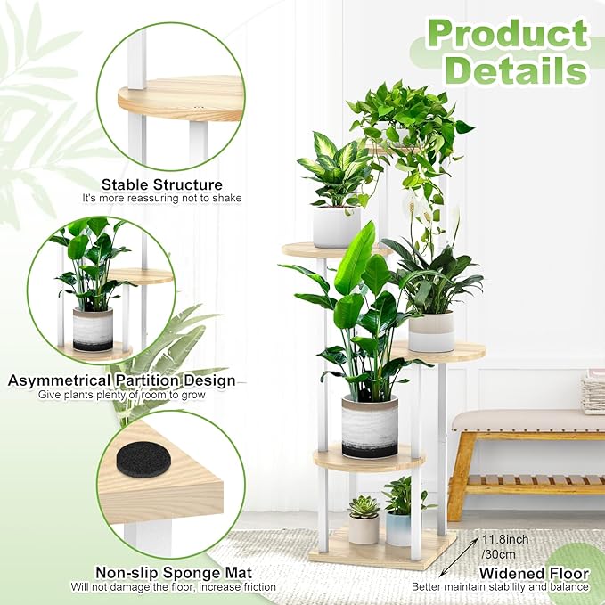 5 Tier Wood Tall Plant Stand Metal Rack Indoor, Multiple Flower Pot Holder Shelves Corner Rack, Round Planter Shelf Display Rack Storage Organizer for Patio Living Room Balcony(White+Oak)