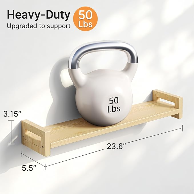 Vailando Floating Shelves for Wall, Set of 3 Solid Wood Wall Mounted Shelves, 23.6" Natural Wood Display Shelf for Bedroom, Living Room, Bathroom, and Kitchen Decor - Heavy-Duty & Natural Pine