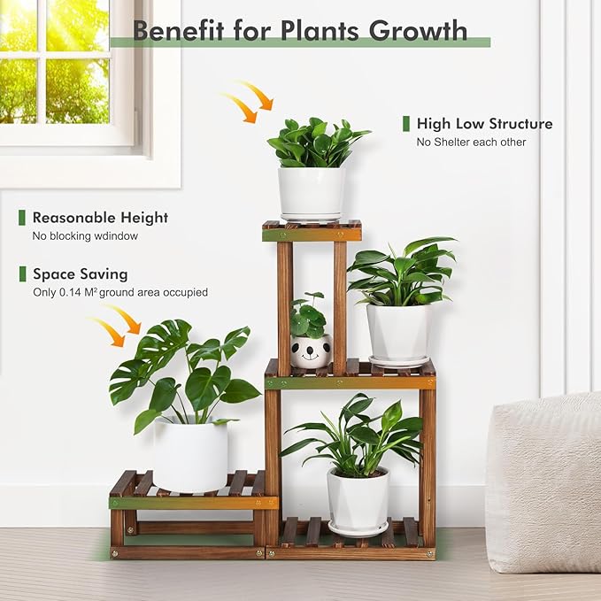 Wood Plant Stand Indoor Outdoor 4 Tiers Plant Rack Corner Planter Shelf Flower Pot Holder for Living Room Garden Patio Yard Porch (Space Saving,27.6”,Small)