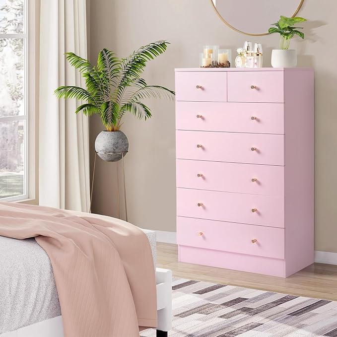Karl home Pink 7 Drawer Dresser for Bedroom, Tall Dresser Chest of Drawers, Wood Pink Bedroom Dressers for Girls, Anti-Tipping Device, Rose Gold Metal Handle, Living Room, Entryway, Hallway, Office