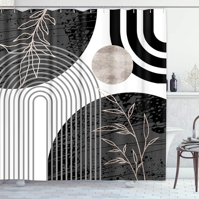 Emvency Shower Curtain Boho Palm Leaves Bohemian Mid Century Botanical Sun Modern Aesthetic Arch Curve Black Bathroom Home Decor Waterproof Polyester Fabric 72 x 72 inches Set with Hooks