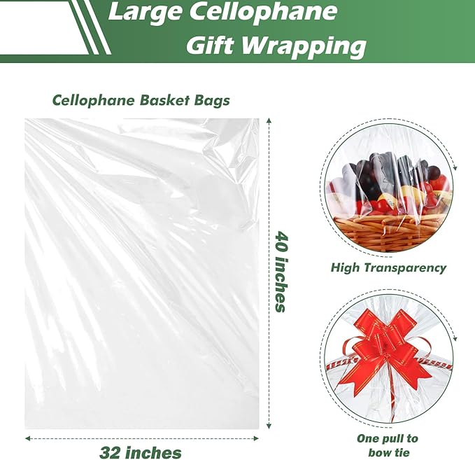 30 Packs 32 x 40 Inches Extra-large Gift Wrap Cellophane Bags for Basket Jumbo Clear Cellophane Wraps Clear Huge Cello Bags for Basket, Gift, Christmas Tree, Treat, Art and Craft, 30ct Red Ribbon Bows