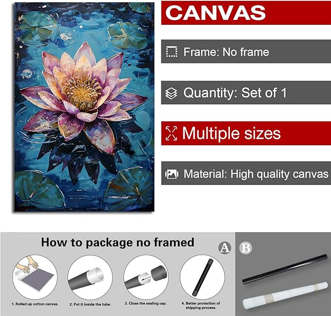 Gorgeous pink and purple water lilies on deep blue water Eye-catching oil painting Serene aquatic wall art for modern home decor 20x30in Frameless
