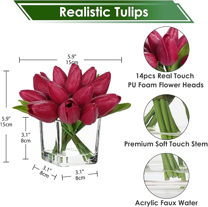 DILATATA Artificial Hot Pink Tulips in Vase with Faux Water 5.5" Real Touch Flowers Fake Tulips Small Flowers Arrangement in Cube Glass Vase for Mother's Day Table Centerpiece Wedding Home Decor