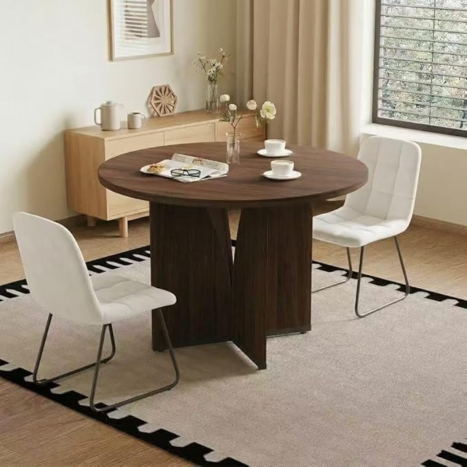 HIPIHOM Modern Round Dining Table Set for 2, 39.4" Walnut Kitchen Table with 2 PU Leather Chairs, 3-Piece Mid-Century Dining Room Set for Small Spaces, Pedestal Base & Ergonomic Padded Chairs