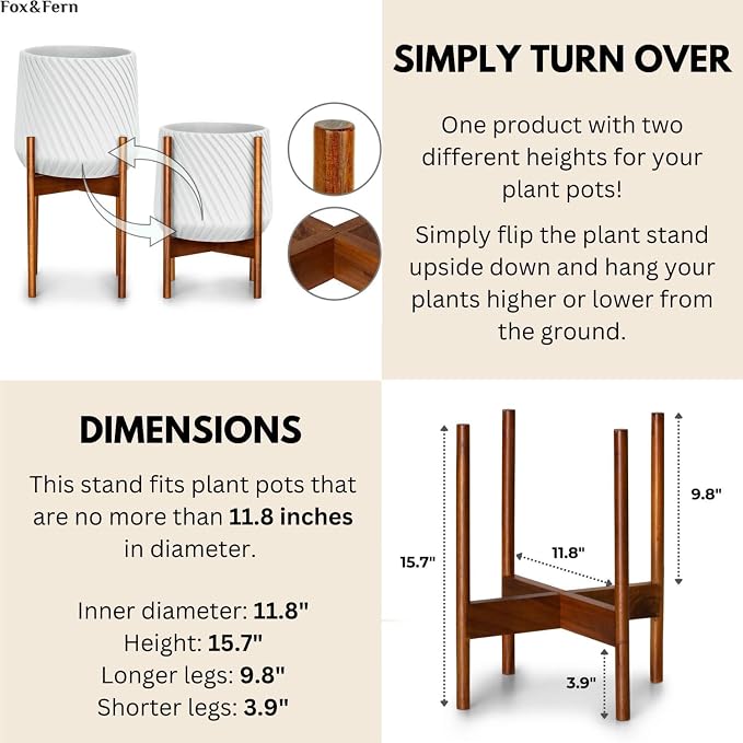 Fox & Fern Mid Century Plant Stand — 11.8 Inch Fixed Size Wooden Plant Stand for Indoor Planters (Not Included) - Large Flower Pot Holder for Indoor Big Pots - Plug In Design - Two Heights - Acacia