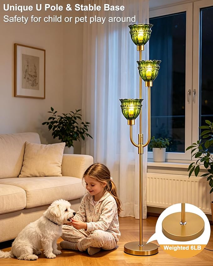 Lightdot 66IN 3-Lights Modern Glass Floor Lamp Gold Dimmable Floor Lamps with 3000K Warm White Bulbs for Wedding Party Tall Standing Lamp with Green Glass Shade for Living Room/Bedroom/Home Decor